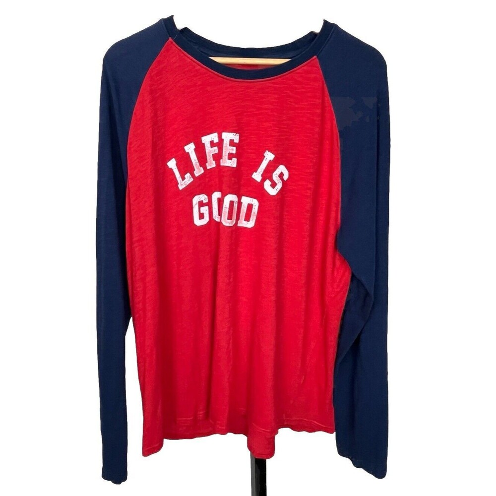 Life is Good T Shirt Raglan Long Sleeve Large Classic Fit Crew Red Blue Logo Tee